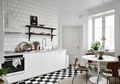 Berkreasi dengan Warna Netral di Area Dapur dengan Lantai Papan Catur