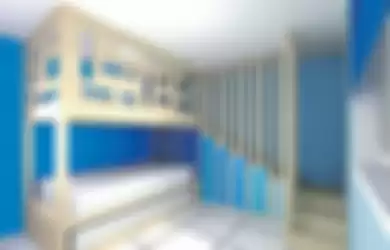 Inspirasi desain kamar anak ini berukuran sekitar 3,5m x 4,5m. 