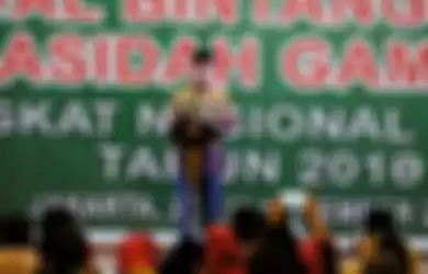 Presiden Joko Widodo saat berpidato di acara Festival Bintang Vokalos Qasidah Gambus Tingkat Nasional XXIII di Asrama Haji, Jakarta Timur, Kamis (29/11/2018).