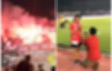 Seorang Jakmania melamar kekasihnya Lady Dewata saat jeda pertandingan Bali United VS Persija Jakarta  Minggu (2/12/2018) di Stadion Kapten I Wayan Dipta, Gianyar, Bali.