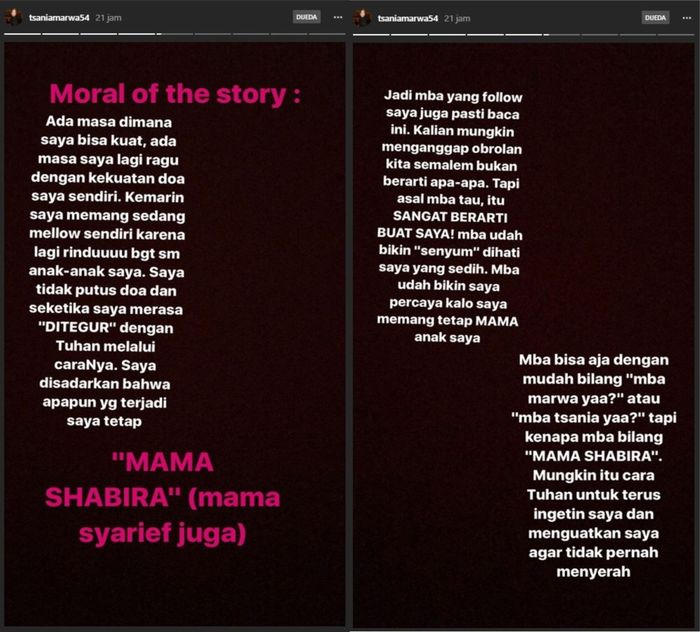 status Tsania Marwa di story instagram