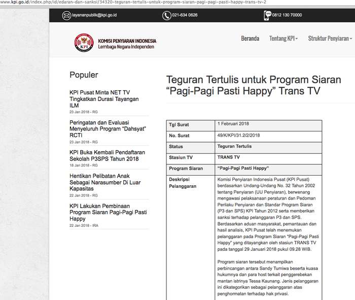 Teguran Tertulis untuk Program Pagi-pagi Pasti Happy (Website KPI)
