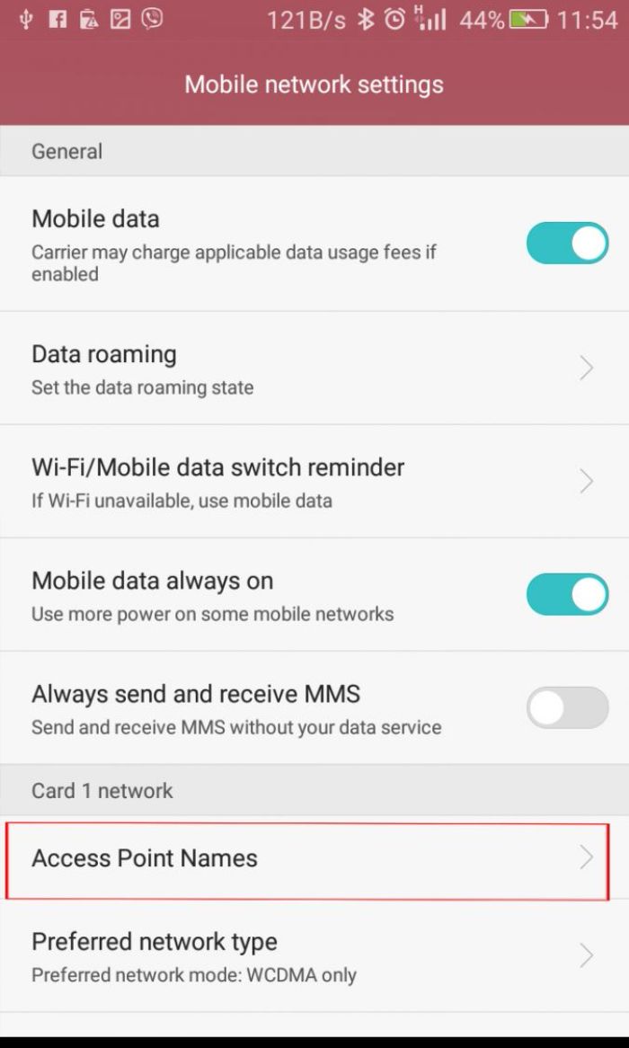 Setting APN internet