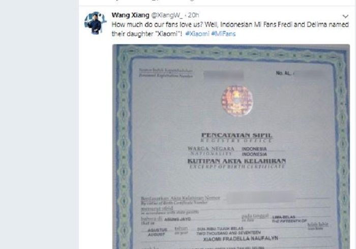 Akta lahir bayi Xiaomi diunggah oleh Wang Xiang, senior vice president Xiaomi, di akun Twitter pribadinya.