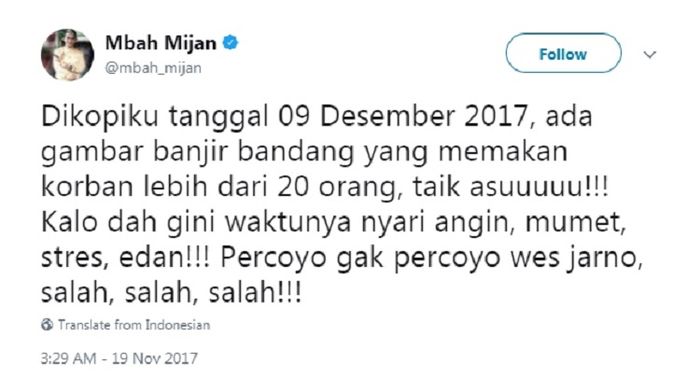 Tangkapan layar cuitan Mbah Mijan