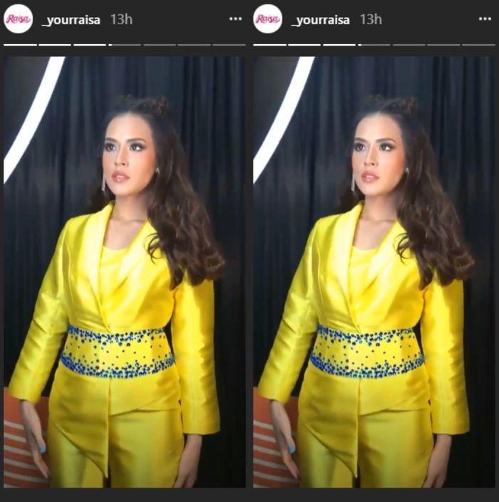 Raisa nampak menawan dengan pantsuit bernuansa kuning lemon 