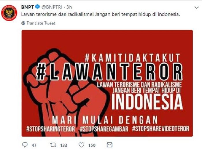 Twitter @BNPTRI Laporkan tindakan teroris