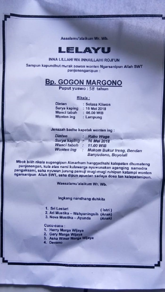 Pengumuman kabar duka komedian Gogon.