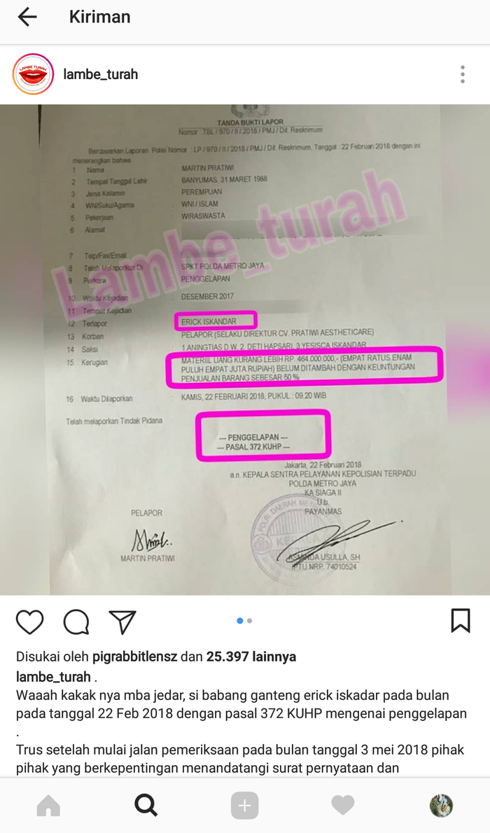 Tanda bukti laporan atas kasus yang menimpa Erick Iskandar.