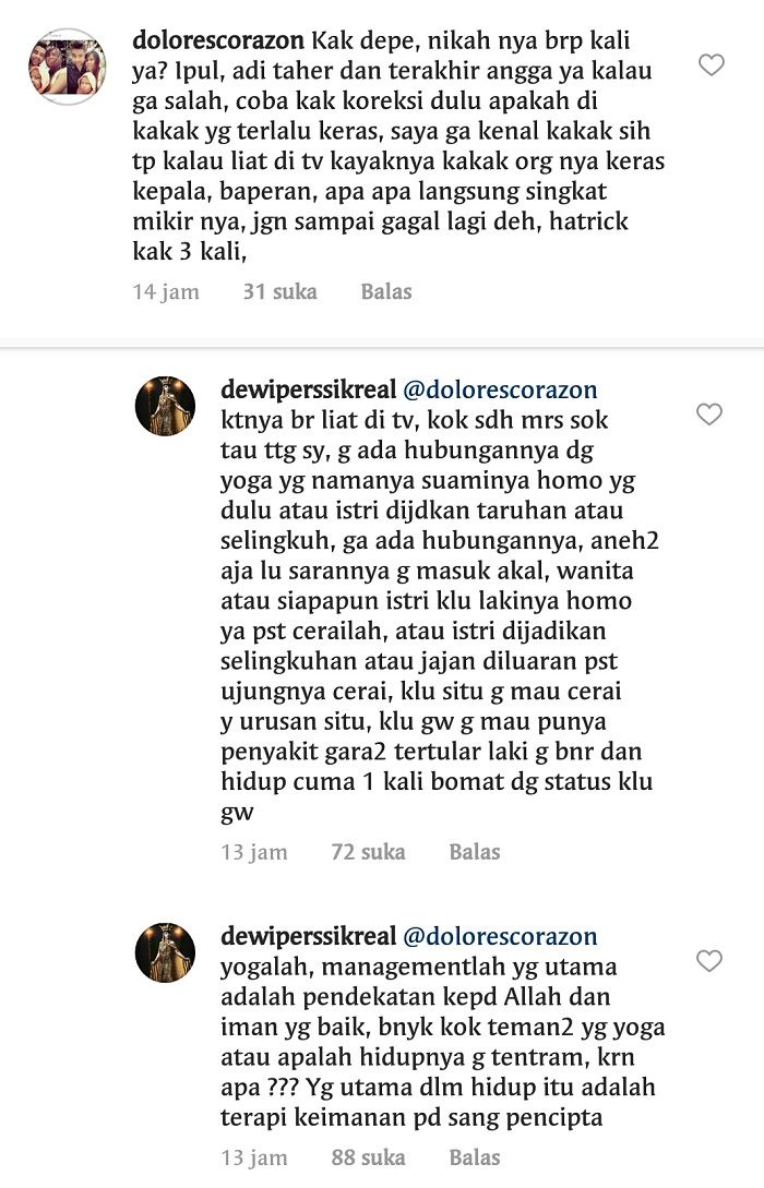 Dewi Perssik membalas komentar dari netizen.