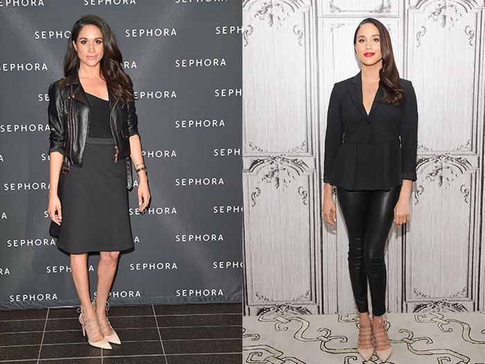 Meghan Markle dengan leather jacket dan leather pants
