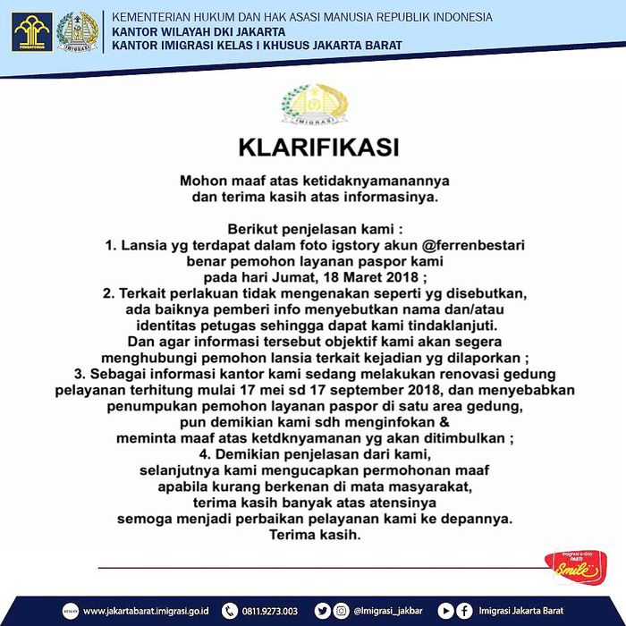 Klarifikasi sebuah pelayanan imigrasi di Jakarta Barat