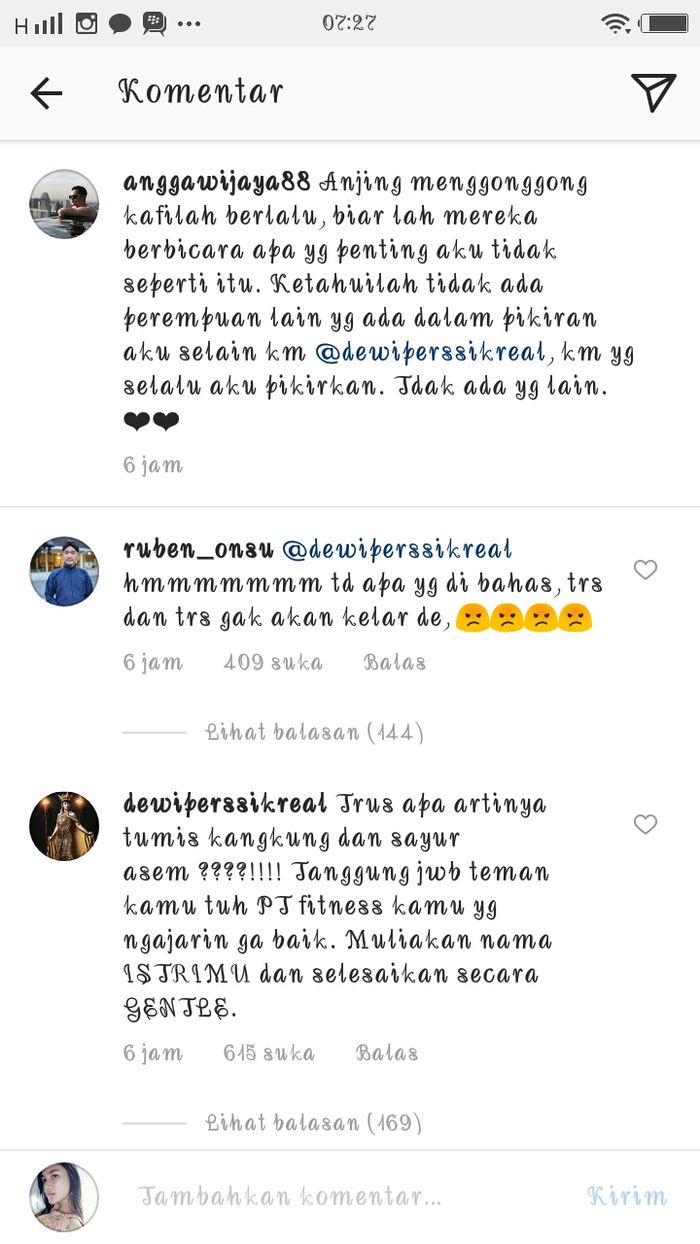 Komentar Dewi Perssik dan Ruben Onsu pada postingan Angga Wijaya.