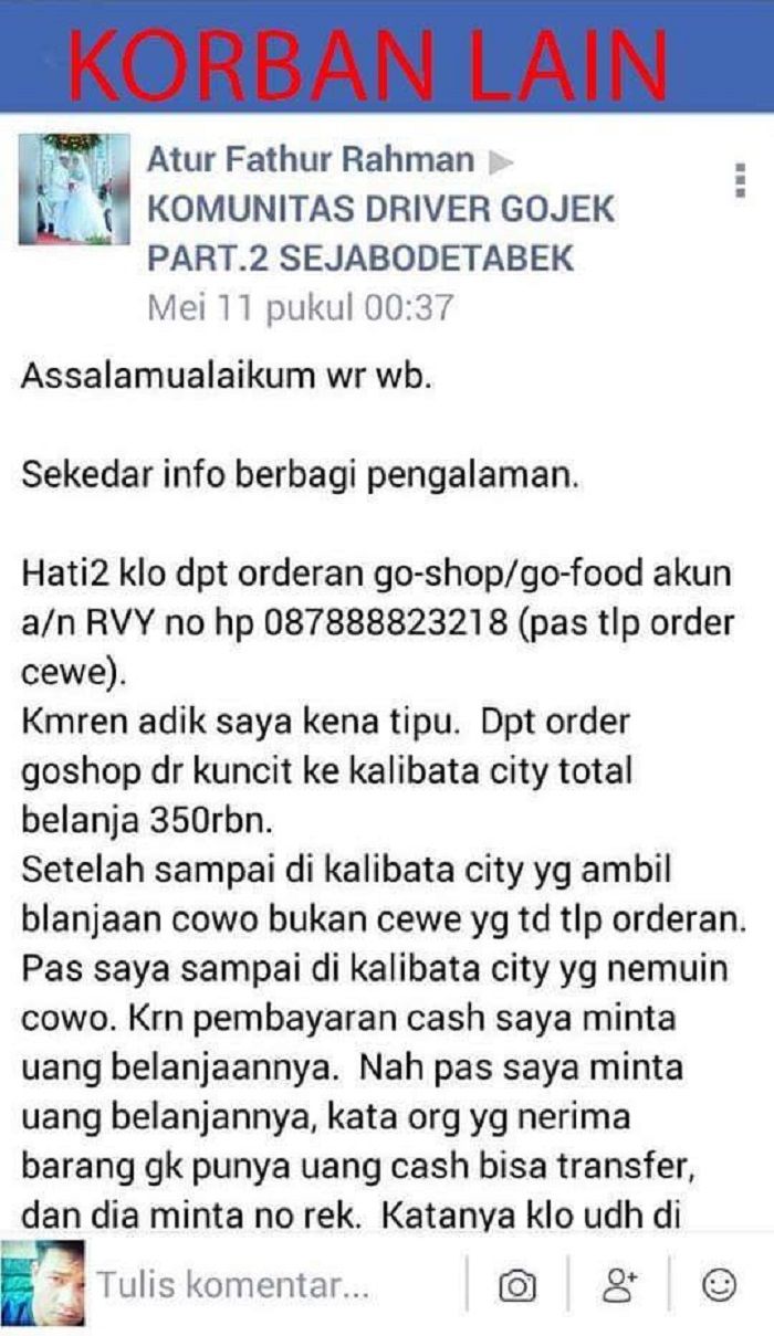 Driver ojek online tertipu oleh customernya.