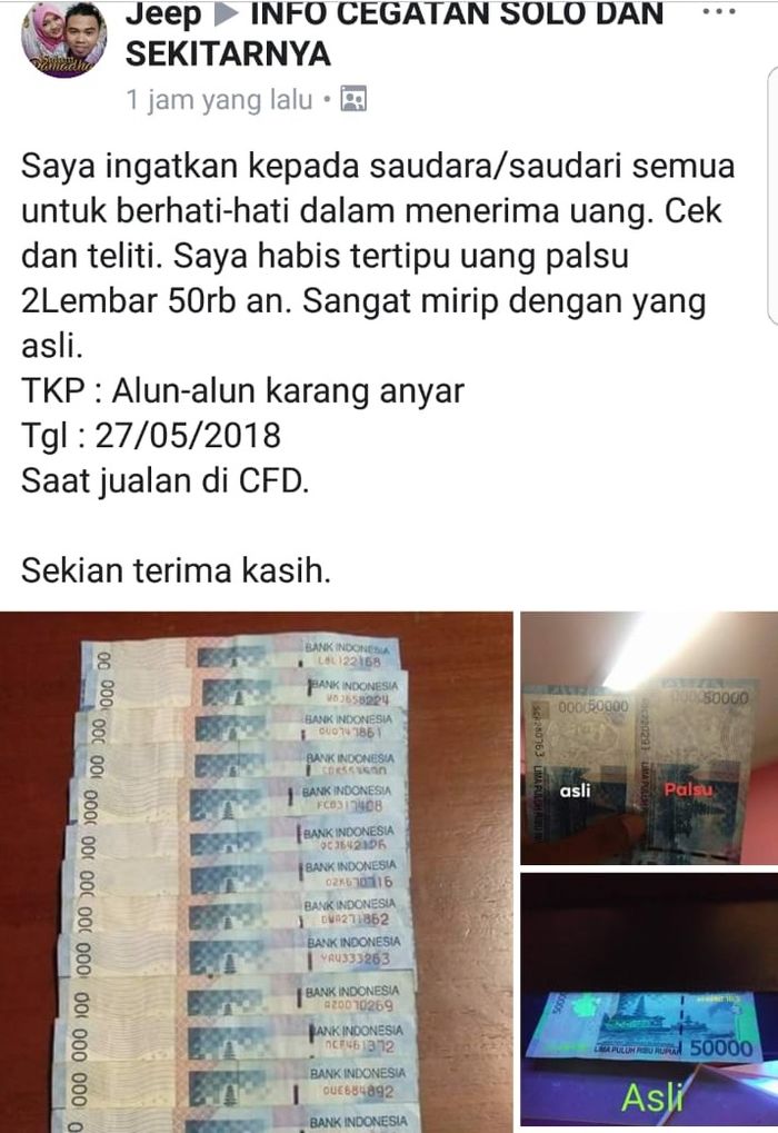 status seorang pengguna Facebook yang menerima uang palsu