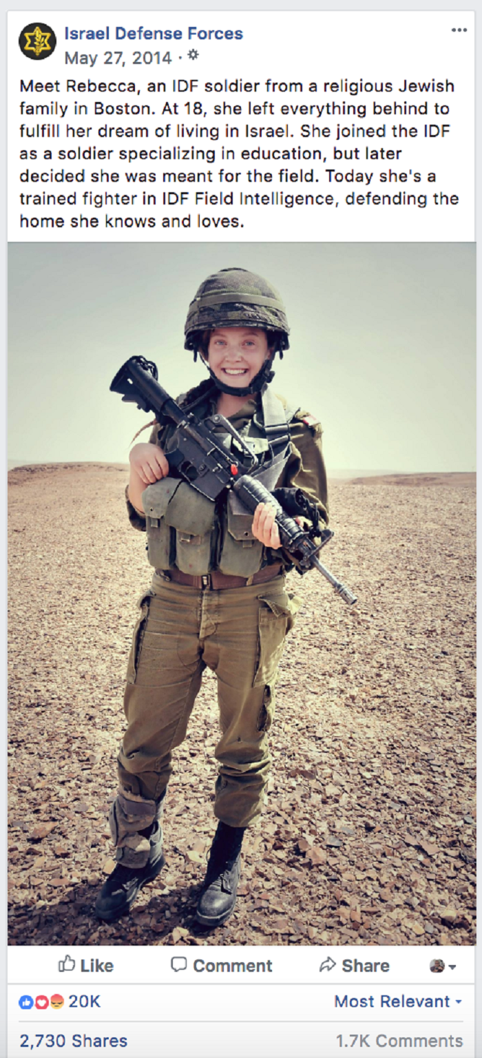foto Rebecca di Facebook IDF pada Mei 2014