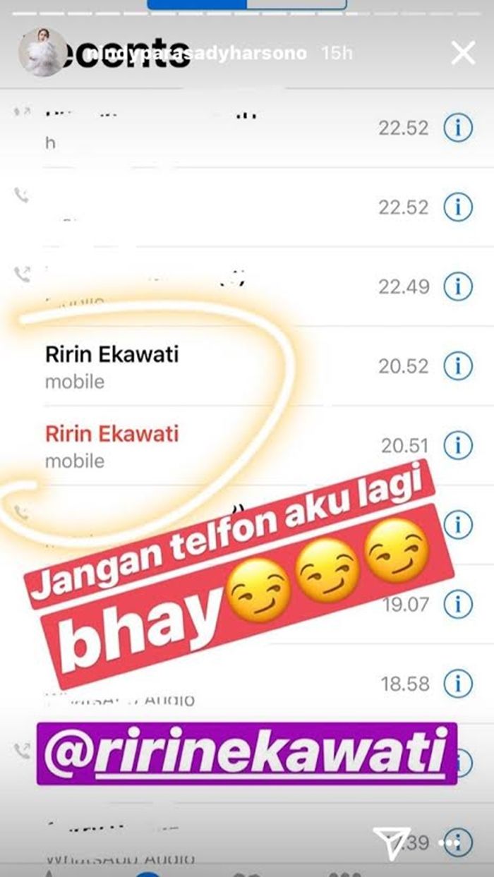 Nindy Tak mengangkat Telpon Ririn |Instagram @nindyparasadyharsono