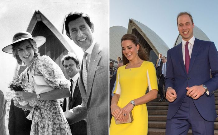 kiri: Putri Diana dan Pangeran Charles, kanan: Kate Middleton dan Pangeran William di Sidney Opera House