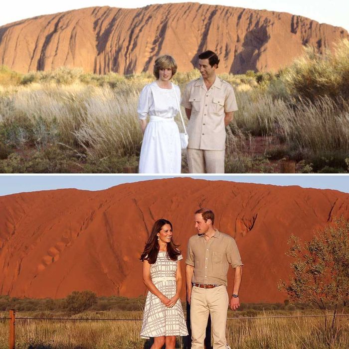 atas: Diana dan Pangeran Charles, bawah: Kate Middleton dan Pangeran William di Ayers Rock