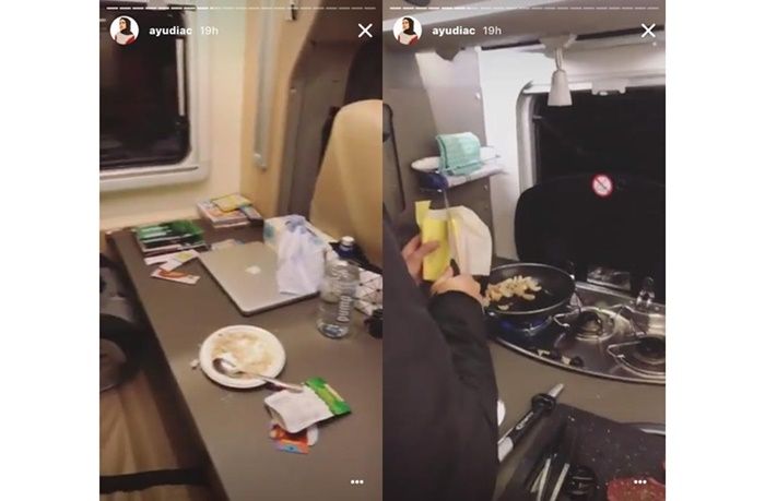 Ruang makan dan dapur di dalam campervan