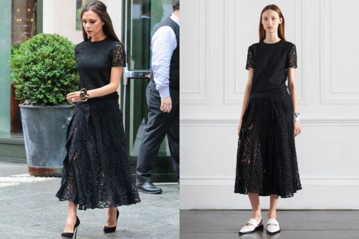 Victoria Beckham tampil feminin dengan dress brokat hitam bermodel pleated