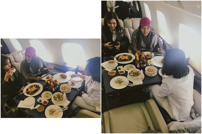 Maia Estianty, Yuni Shara, dan Meichan makan bersama di dalam jet pribadi