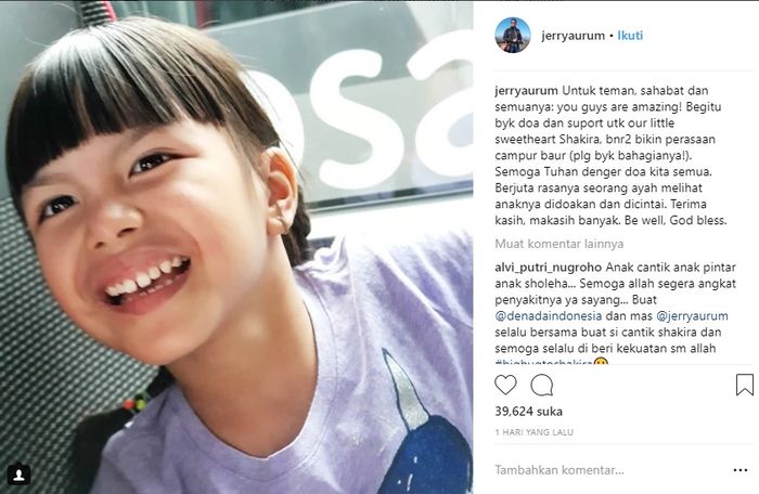 Ungkapan Jery Aurum betapa bahagianya ketika banyak orang mendoakan Shakira Aurum