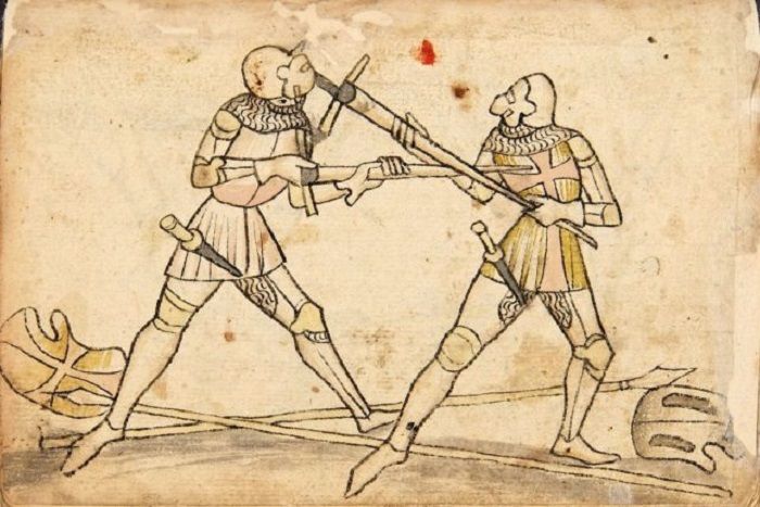 Ksatria longsword lapis baja yang memakai stiletto sebagai senjata cadangan