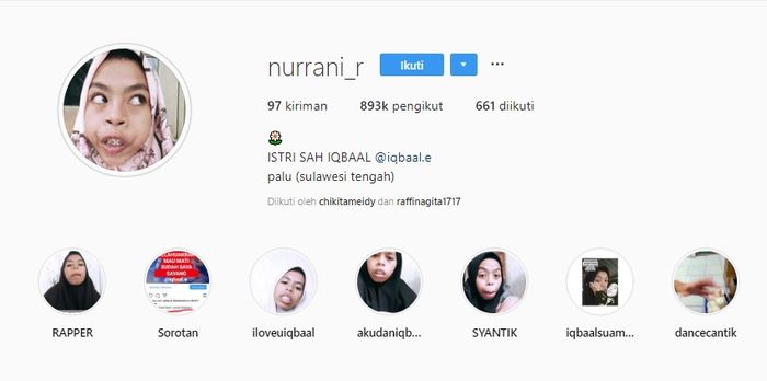 Jumlah followers di instagram Nurrani capai 800 ribu lebih
