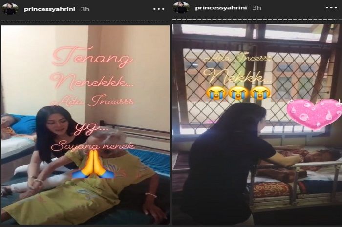 Syahrini membantu seorang nenek untuk bangun - Kolase Grid.ID Instagram Stories Syahrini 