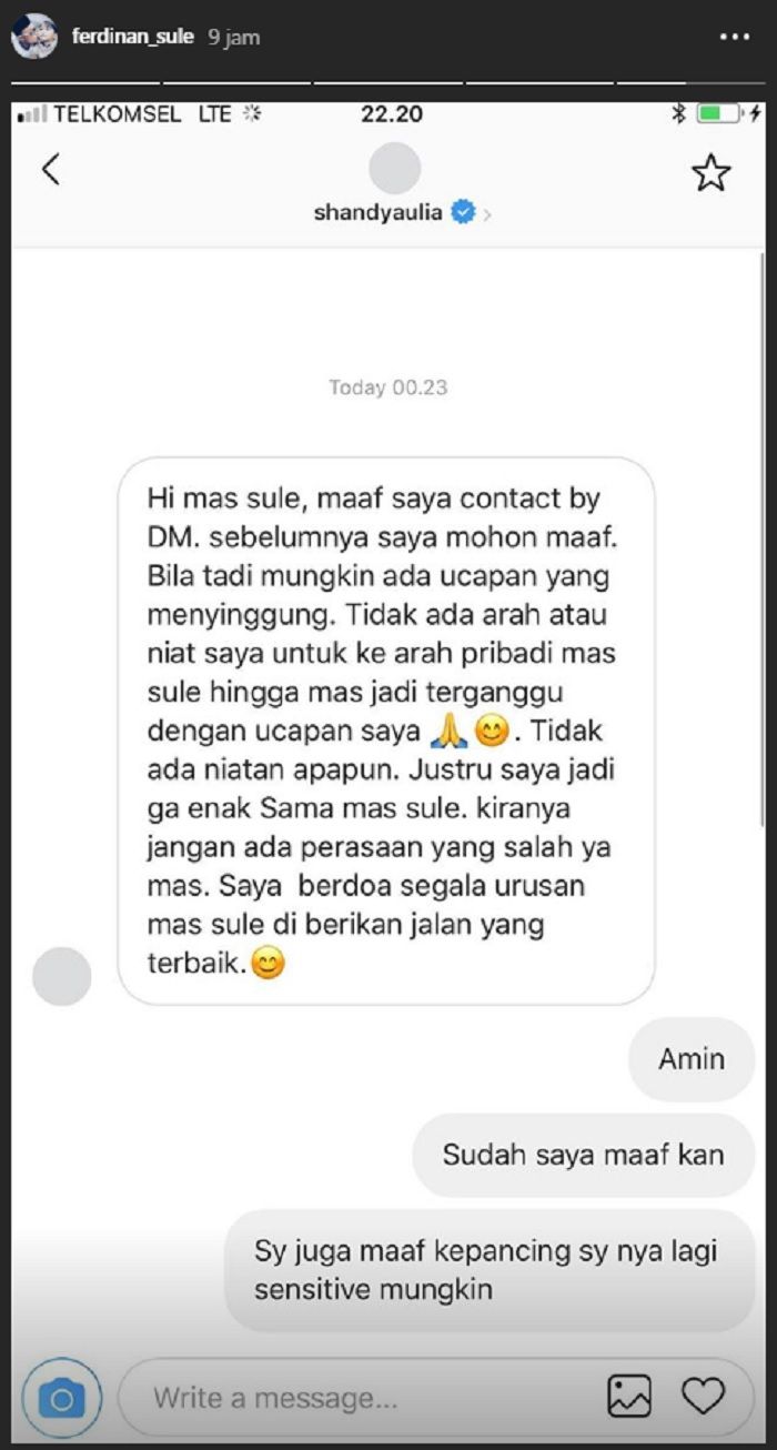 Balasan Sule atas peminaan maaf Shandy