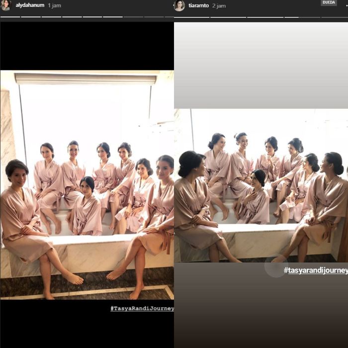 Para bridesmaids berfoto di kamar mandi.