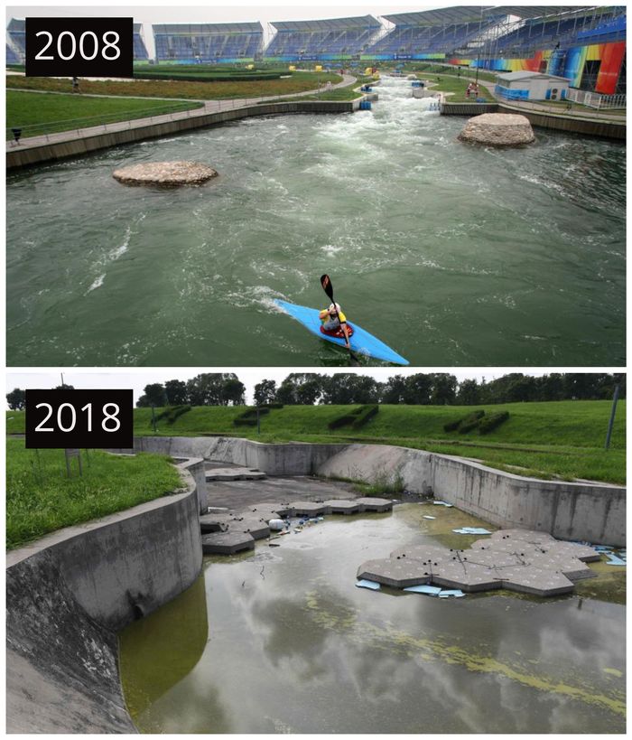 Tempat olahraga air sekarang kering, rusak dan hanya seperti kubangan