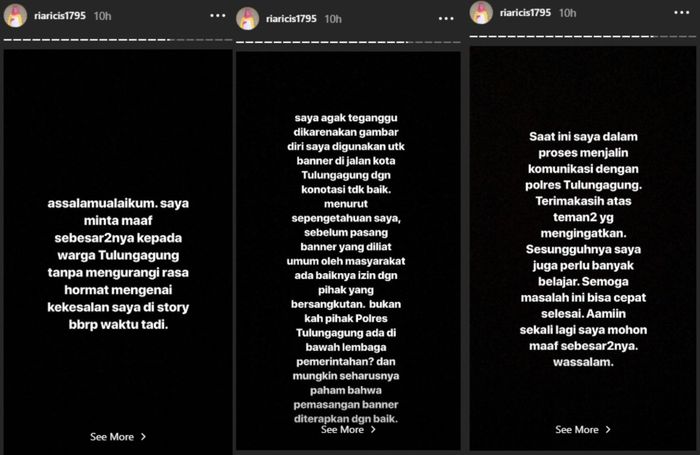 Ria Ricis mengunggah permintaan maaf untuk warga Tulungagung