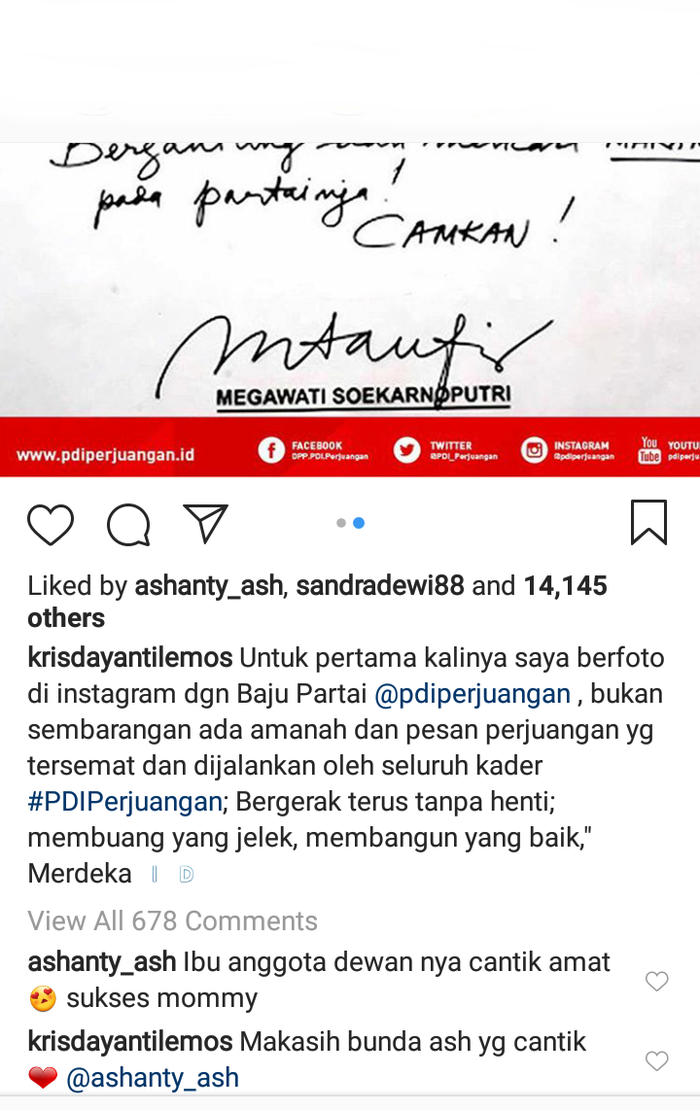 Ashanty memberi semangat kepada Krisdayanti yang ikut nyaleg melalui PDI Perjuangan - instagram.com/krisdayantilemos