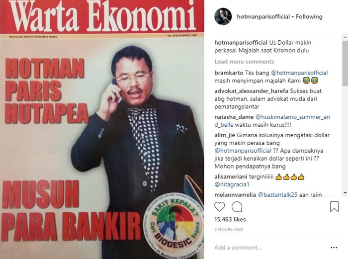 Postingan Hotman Paris yang memperlihatkan penampilannya 20 tahun lalu
