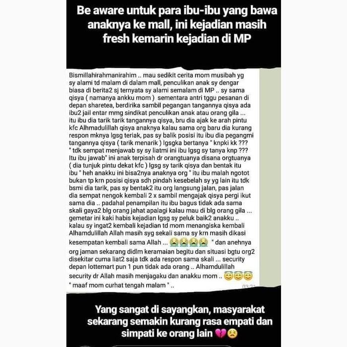 Curhatan panjang sang ibu yang anaknya hampir diculik oleh orang tak dikenal