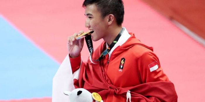 Karateka Rifki Ardiansyah Arrosyid dari nomor kumite -60 kg putra, 26 Agustus 2018.- Kompas.com - TABLOID BOLA