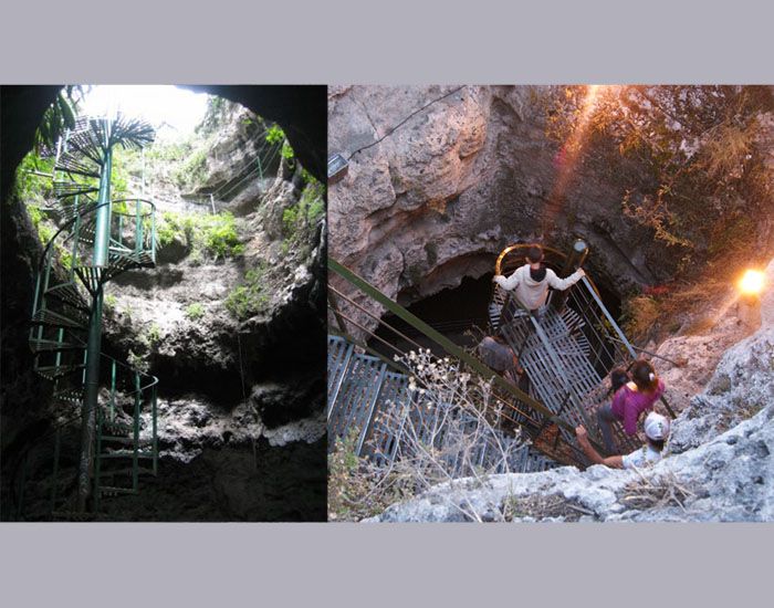 Tangga untuk turun ke dalam rongga dalam gunung (kiri) dan tempat untuk melihat sumber aor panas (kanan)
