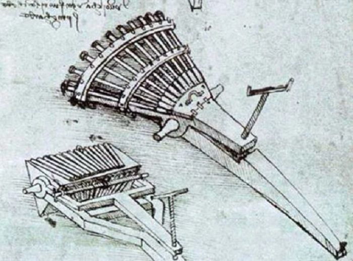 Da Vinci membuat sketsa baterai artileri berputar pada 1480