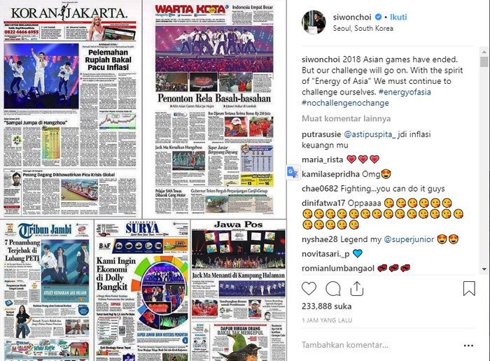 Siwon Super Junior mengunggah pemberitaan dari koran Indonesia. Tiga diantara adalah koran jaringan Tribunnews.com.
