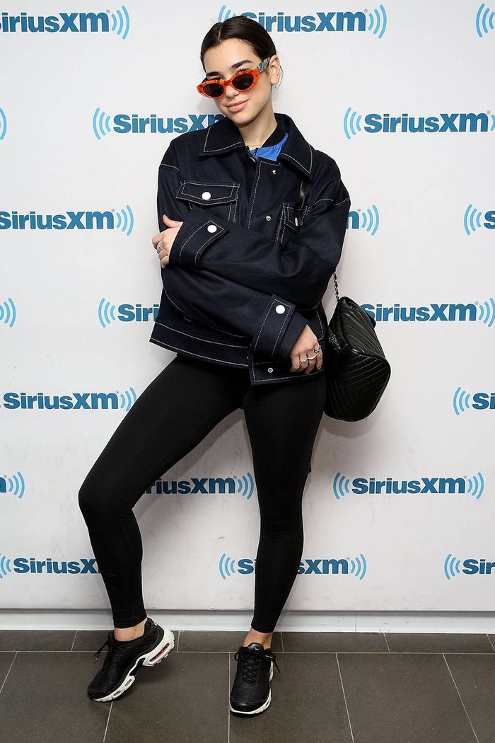 Dua Lipa dark denim jacket + legging