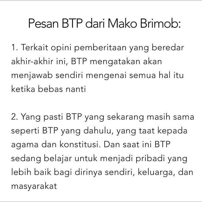 Pesan Ahok dari Mako Brimob 