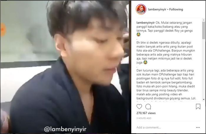 Roy Kiyoshi merasa Di-bully atas OP Challenge yang sedang marak.