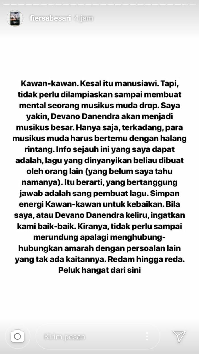 Tangkapan layar insta story Fiersa Besari.