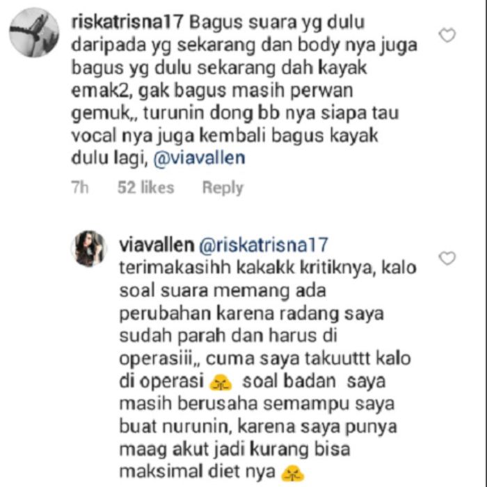 Via Vallen balas komentar netizen mengenai bentuk tubuh dan kualitas suaranya yang dinilai menurun