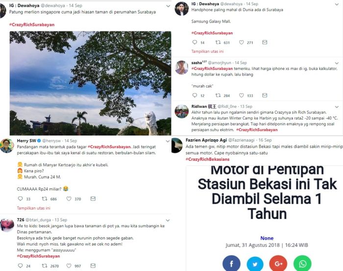 Tagar #CrazyRichSurabayans dan #CrazyRichBekasians menjadi trending twitter