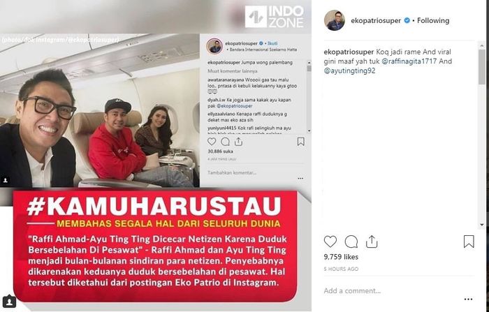 Unggahan Eko Patrio tentang Raffi Ahmad dan Ayu Ting Ting