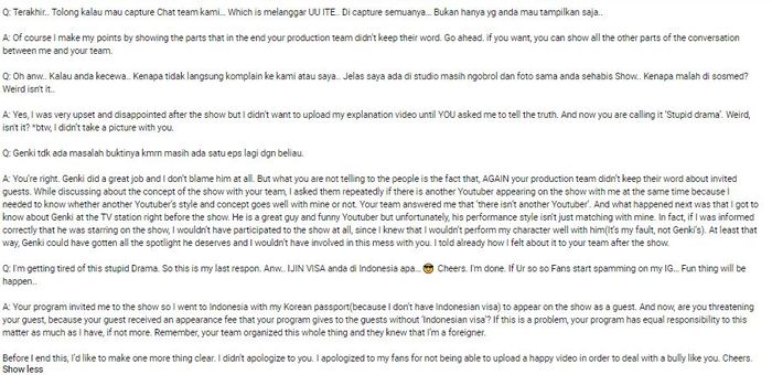 Hari Jisun menjawab pertanyaan Hari Jisun di Youtubenya.