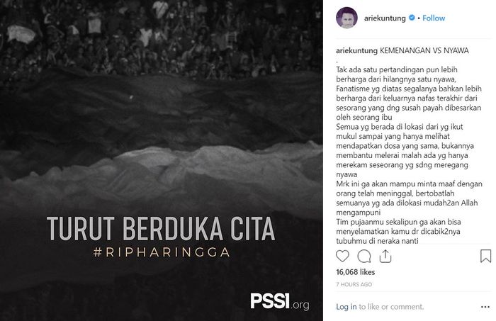 Arie Untung turut berduka cita atas meninggalnya suporter The Jak Mania